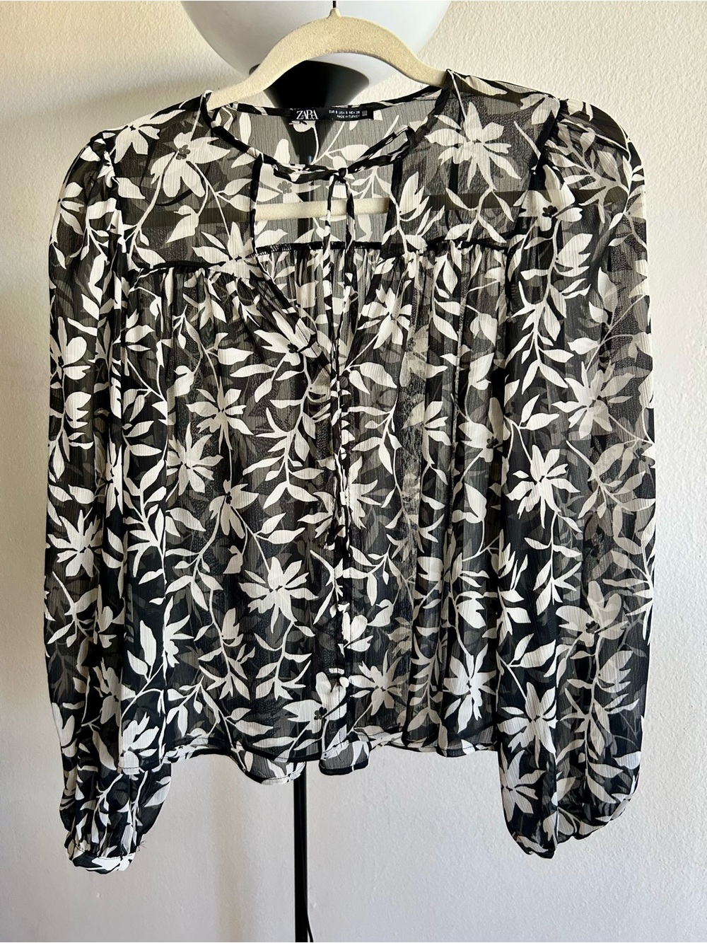 ZARA Black & White Floral Sheer Tie-Front Blouse